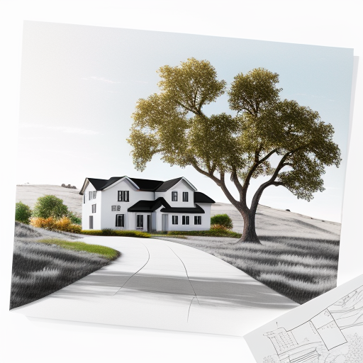 White board farmhouse with oak trees in midday.