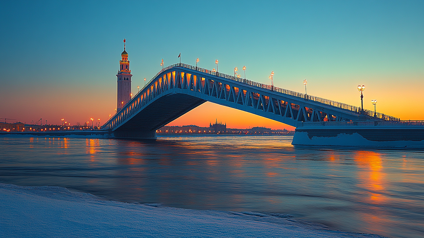 White bridge in St. Petersburg with fortress tower at night.