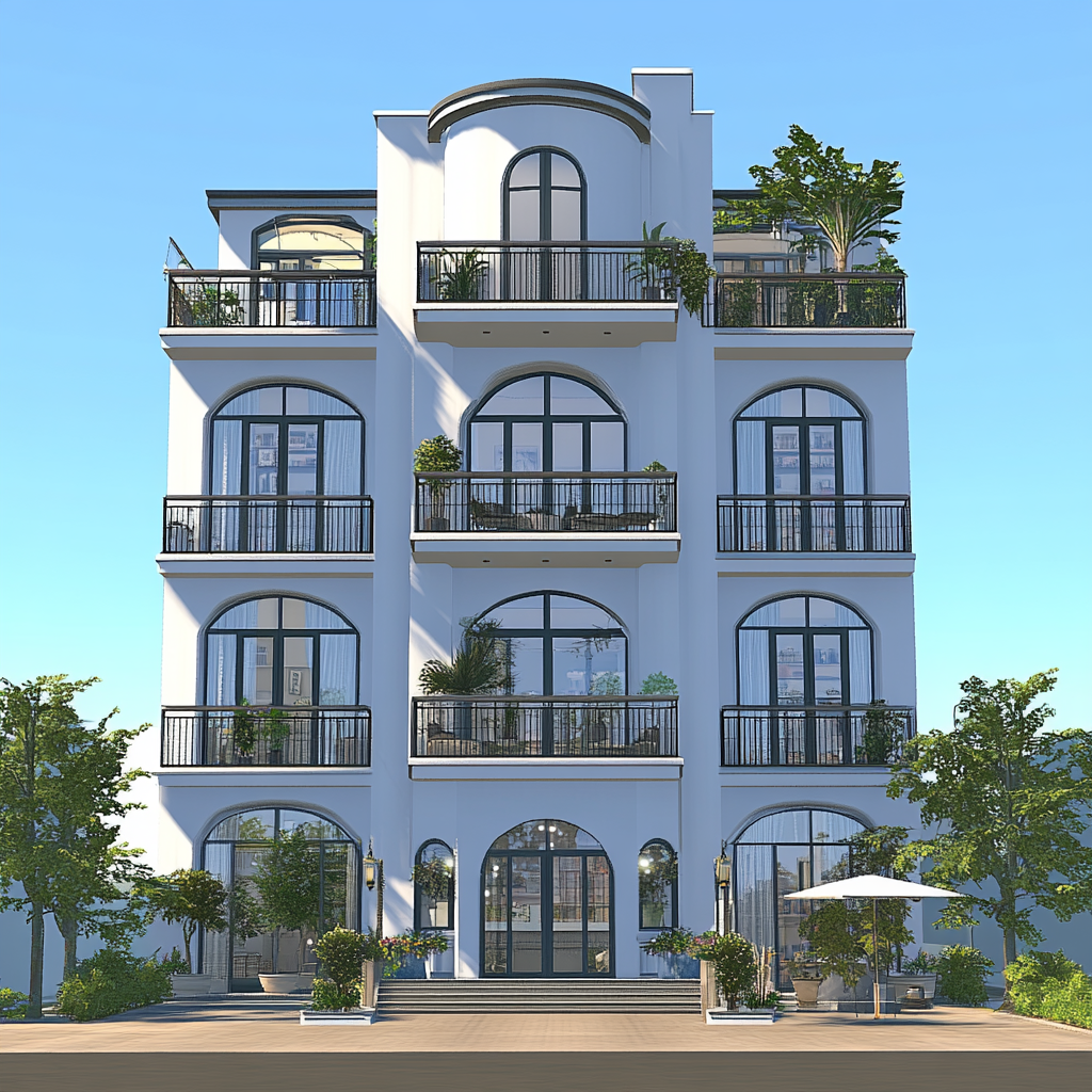 White building with penthouse, market, park, and apartments.