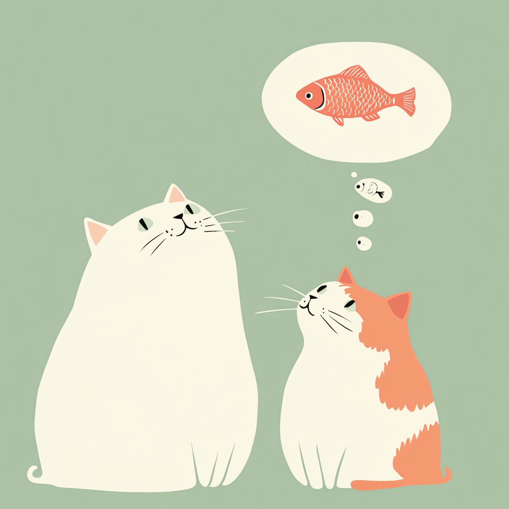 White cat gazes at fish in a thought bubble.