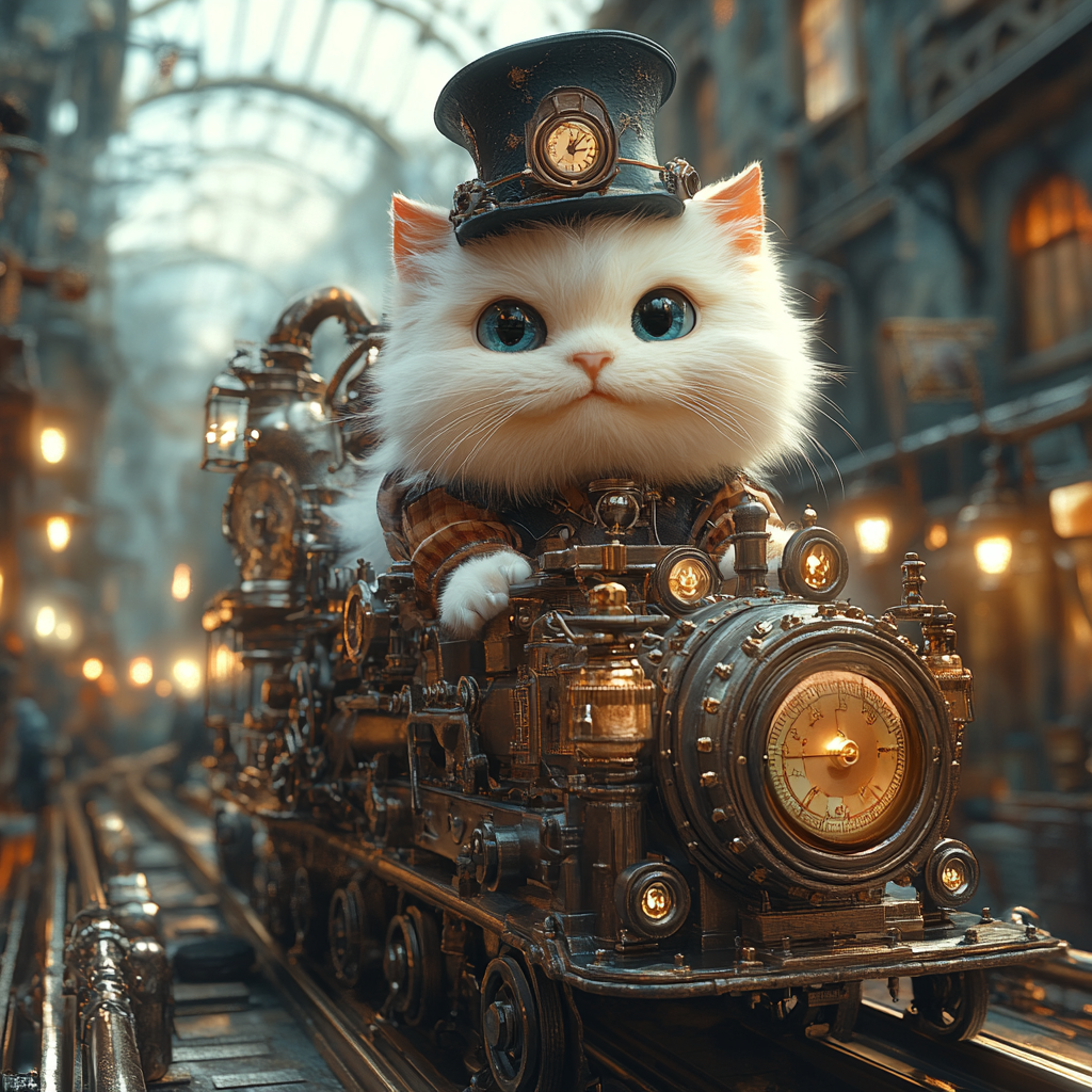 White cat in top hat rides time machine, 3D cartoon.