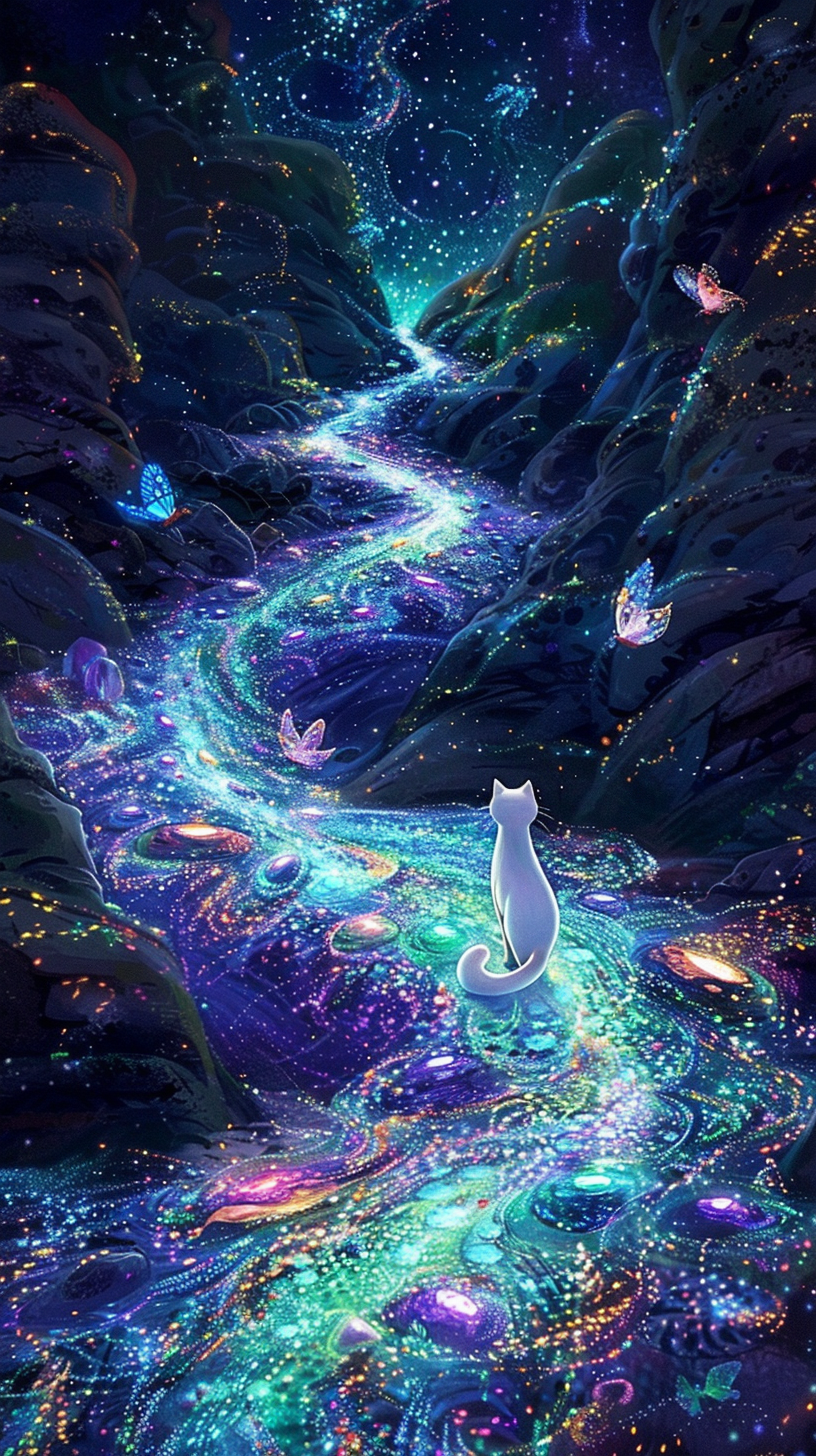 White cat on glowing, multicolored stone path with fairies.