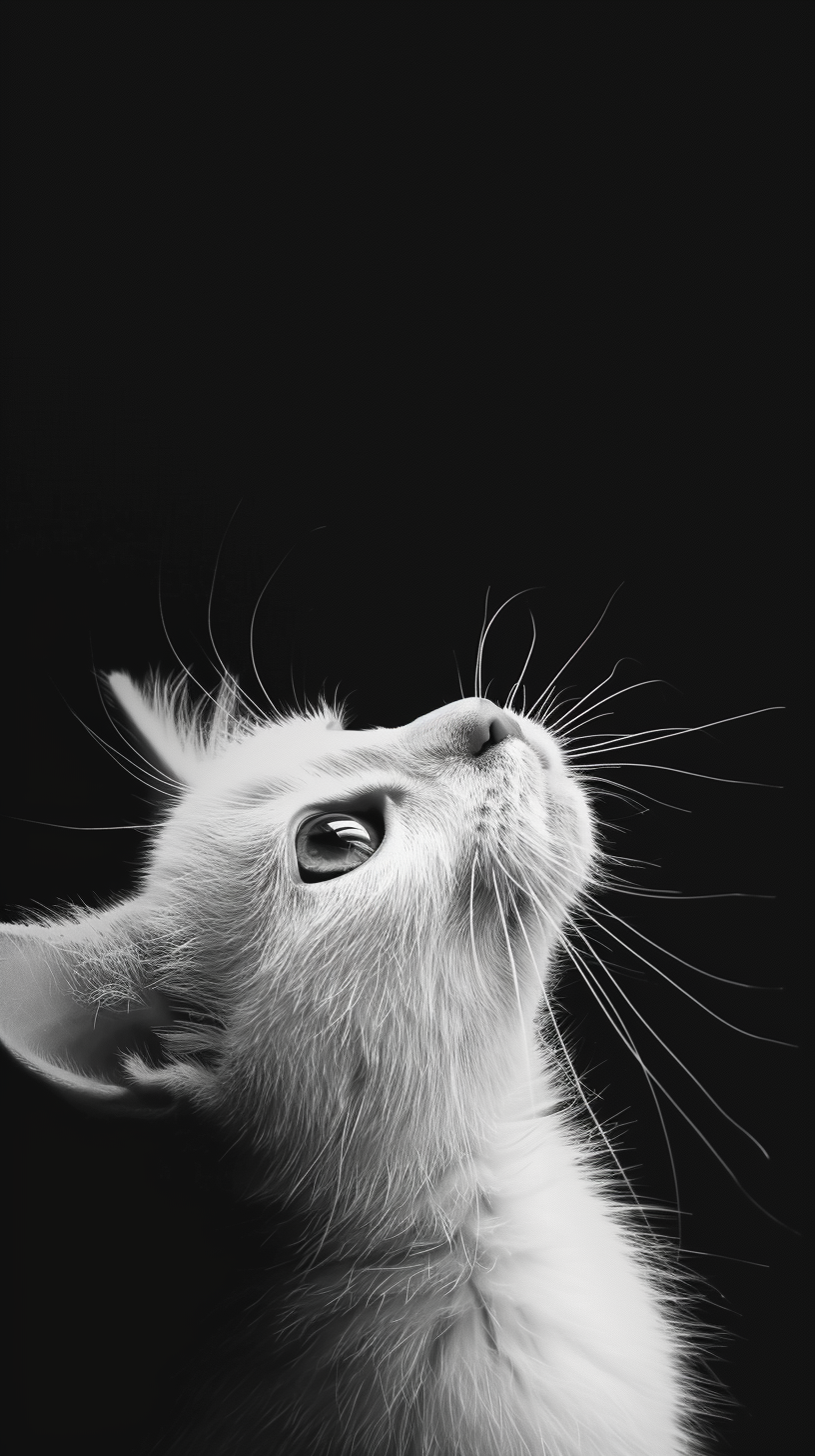 White cat peeping from bottom of mobile. Black background.