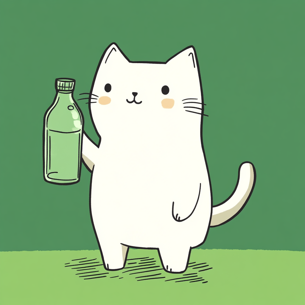 White cat posing with bottle on green background anime-style.