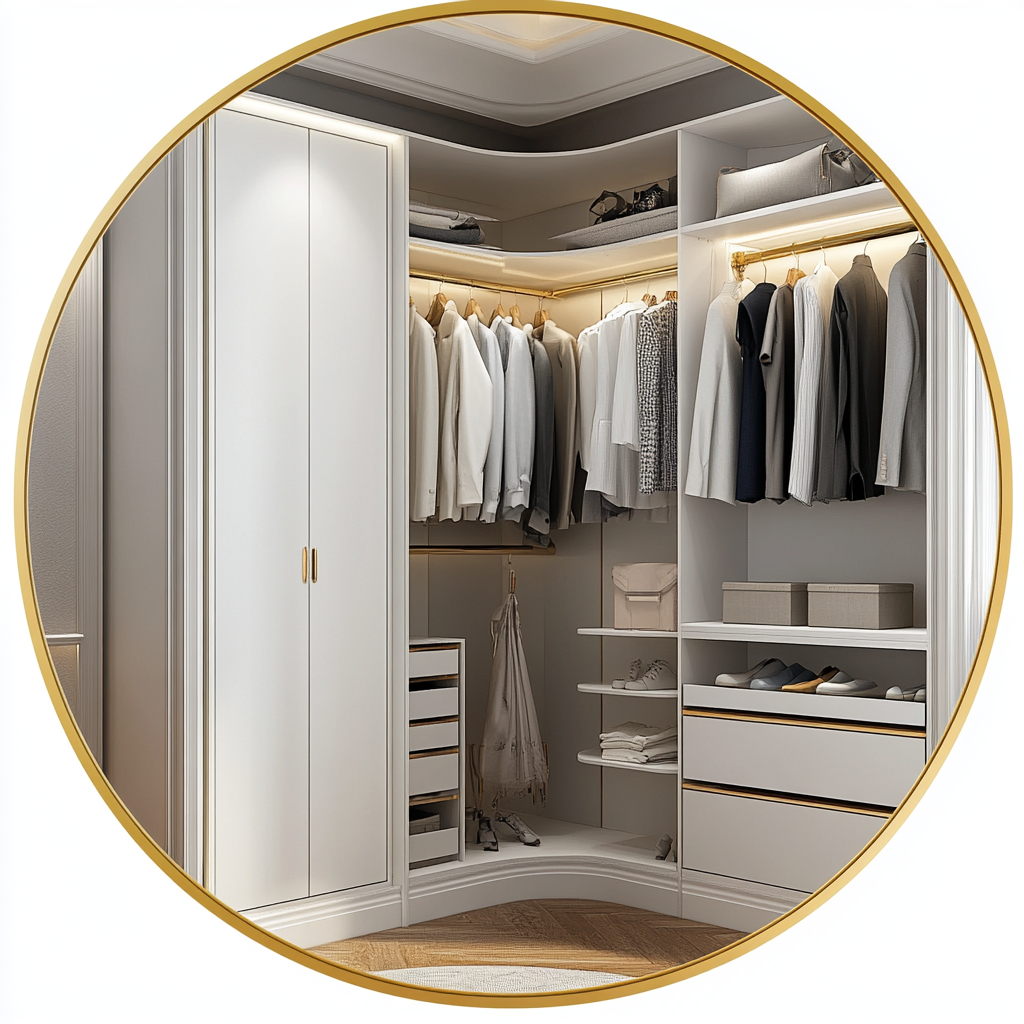 White corner wardrobe in circular golden frame. High resolution.