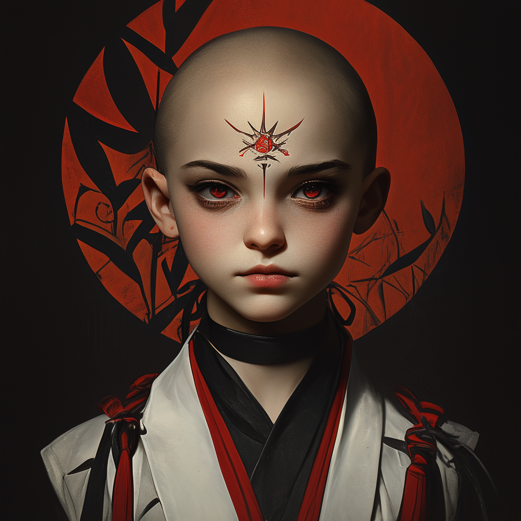 White costume, bald head, ruby eye, martial arts.