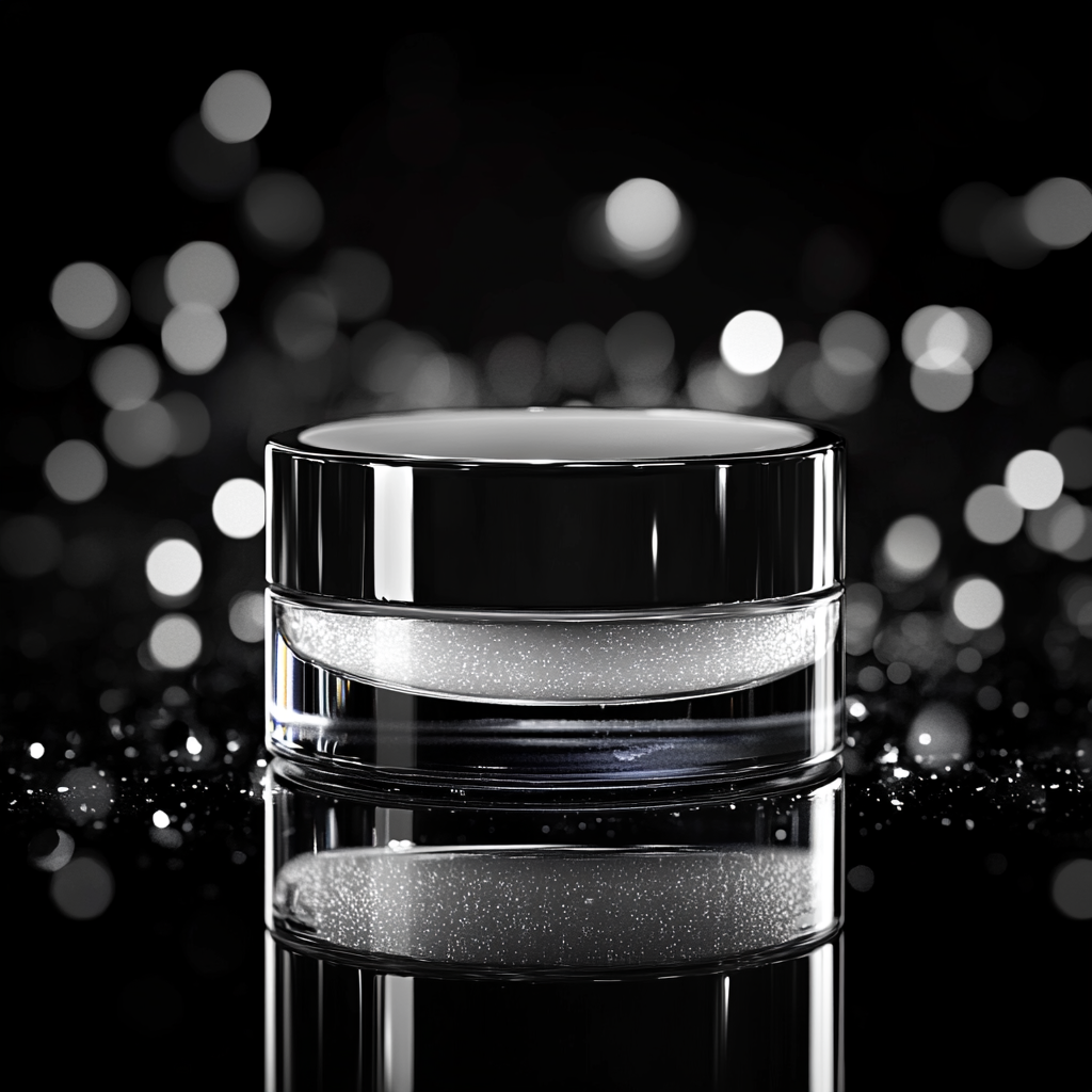 White cream skincare jar on reflective surface, elegant, sophisticated.