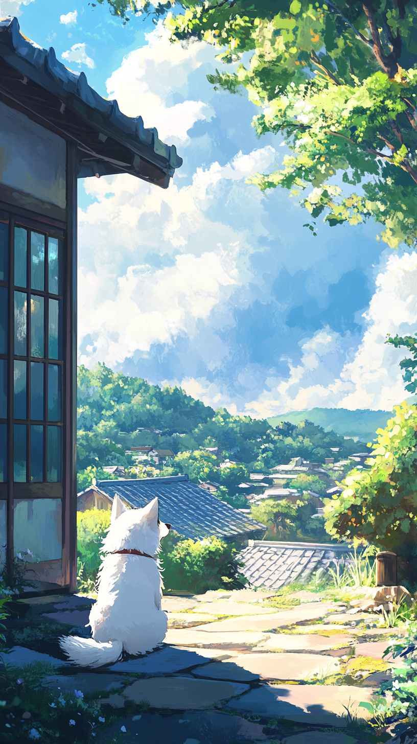 White cute dog enjoying peaceful Japanese countryside scenery.