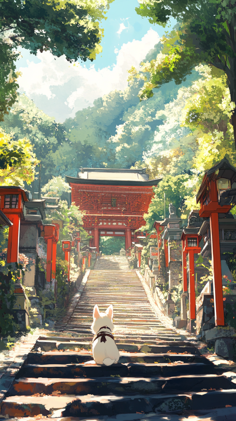 White dog enjoying Nikko temples and shrines in anime style.