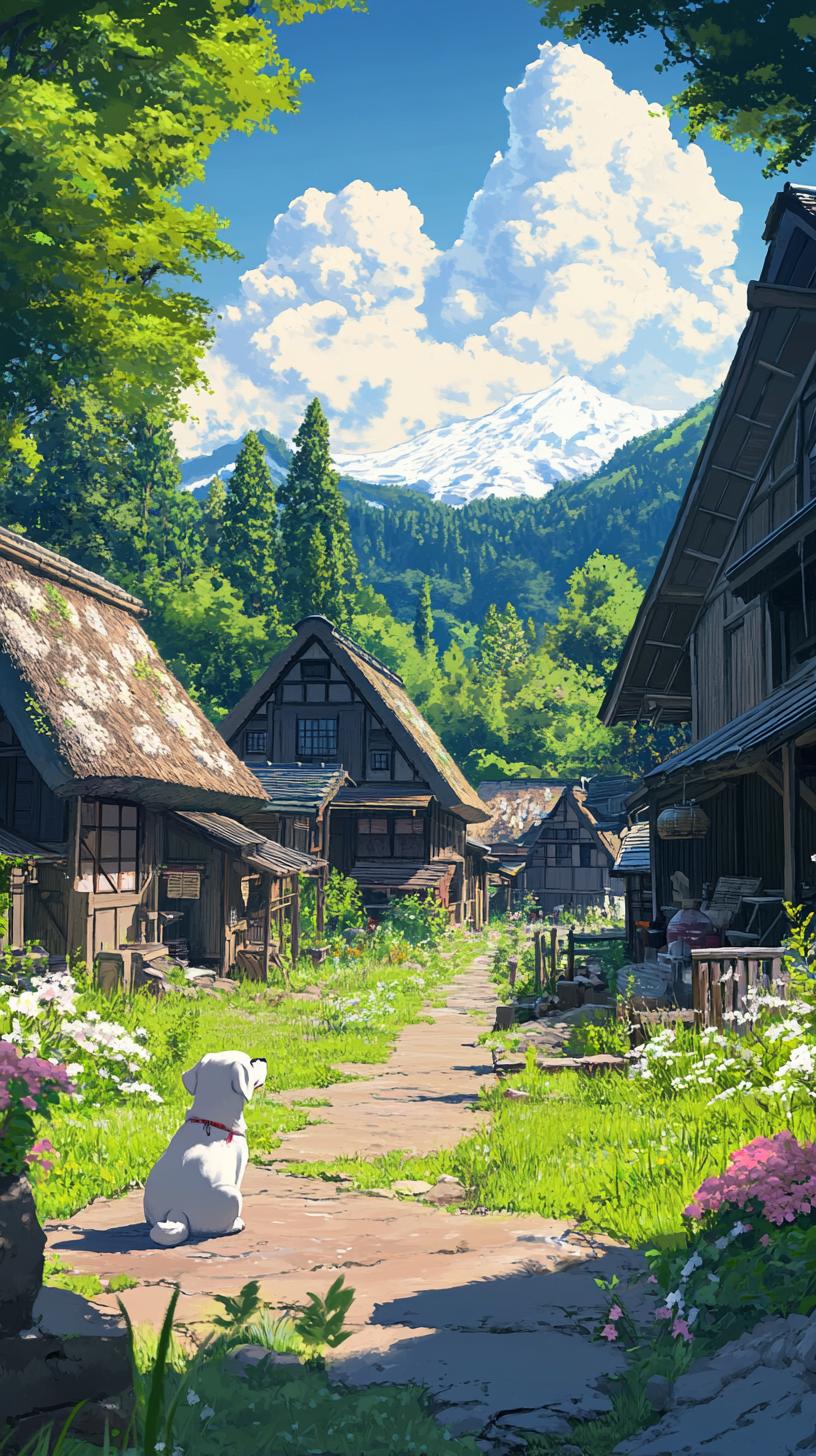 White dog in Shirakawa-go village, Japan. Bright sun.