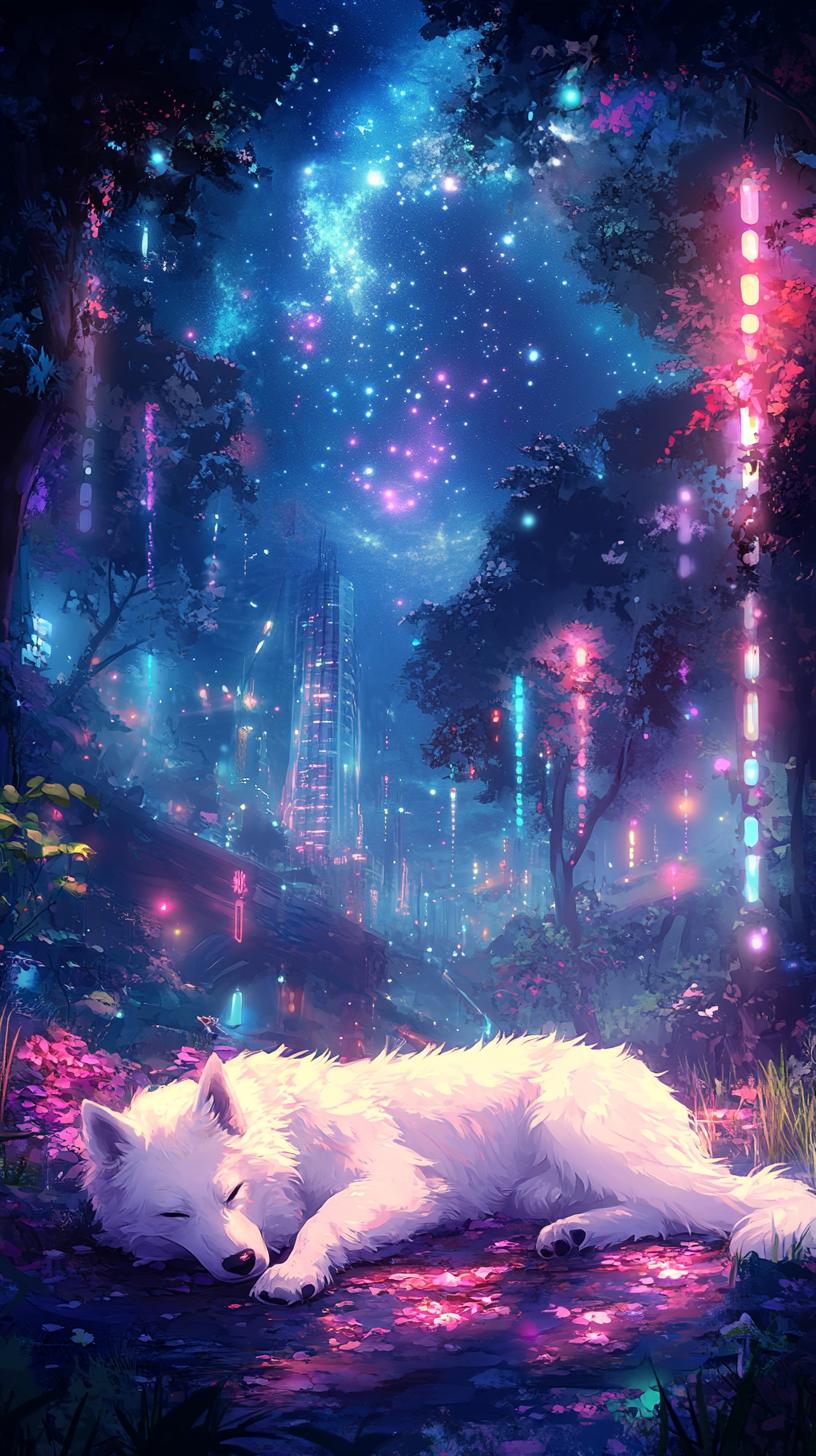 White dog resting in beautiful night with neon lights.