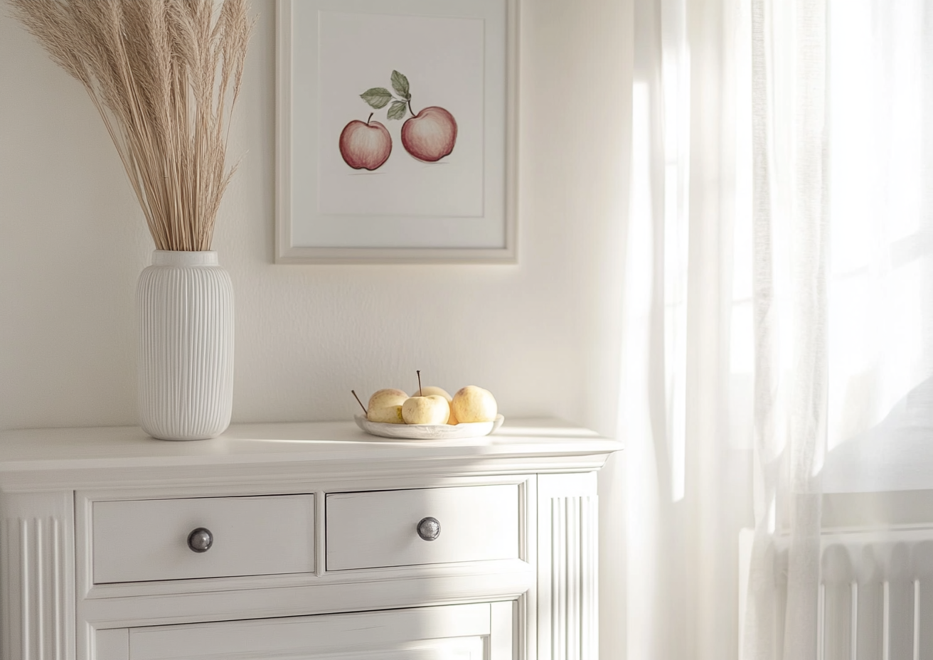 White dresser with child's drawing of apples and honey.