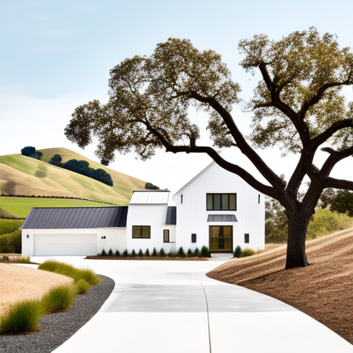 White farmhouse in Solage resort style on sloping field.