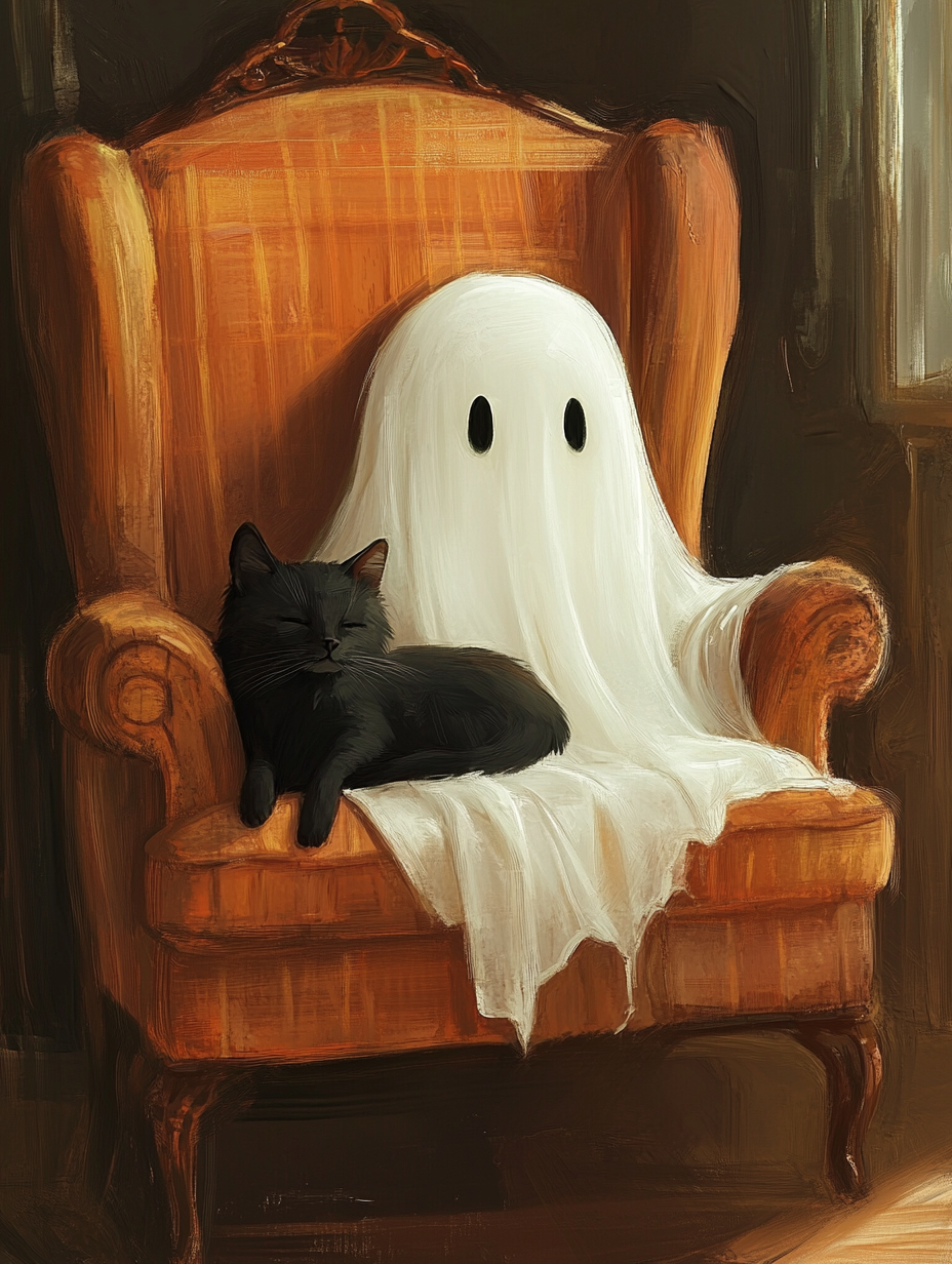 White ghost and black cat in Victorian armchair 