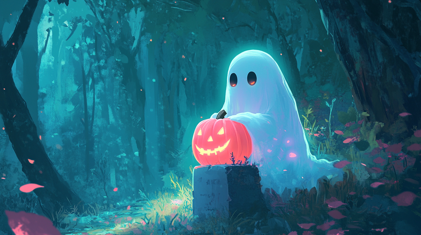 White ghost with pumpkin on gravestone, Disney aesthetic