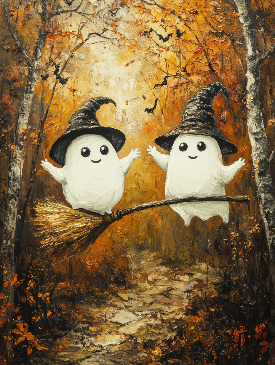 White ghosts on broomstick in autumn forest, oil painting