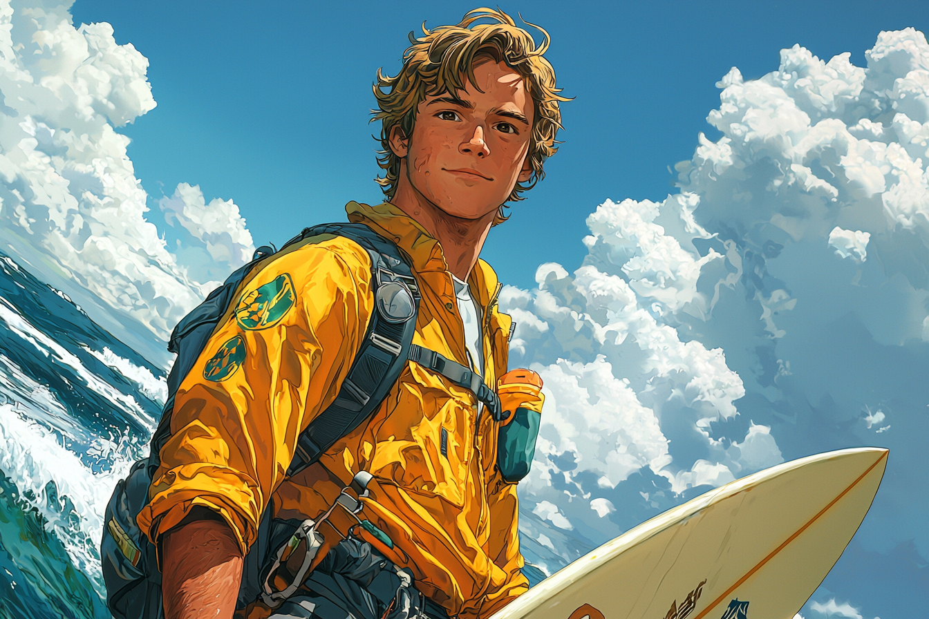 White guy with surfboard in colorful anime landscape.