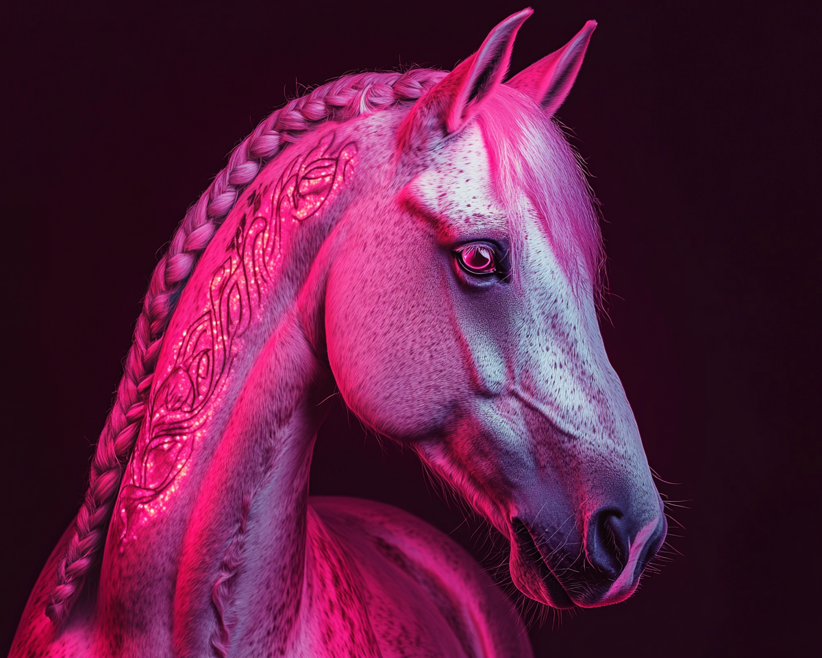 White horse with glowing tattoos on dark background