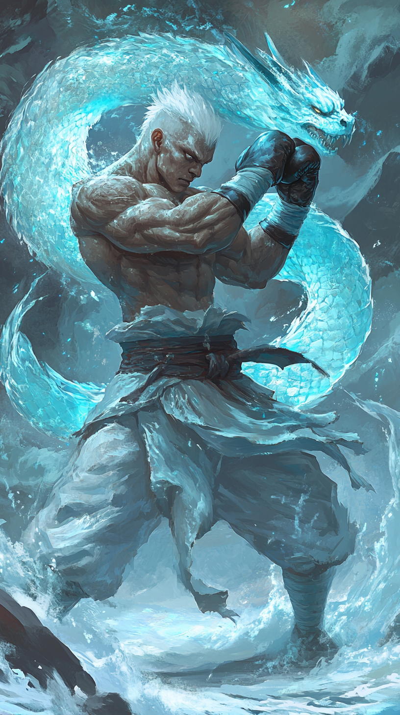 White humanoid dragon monk in boxer pose with ice swirling around