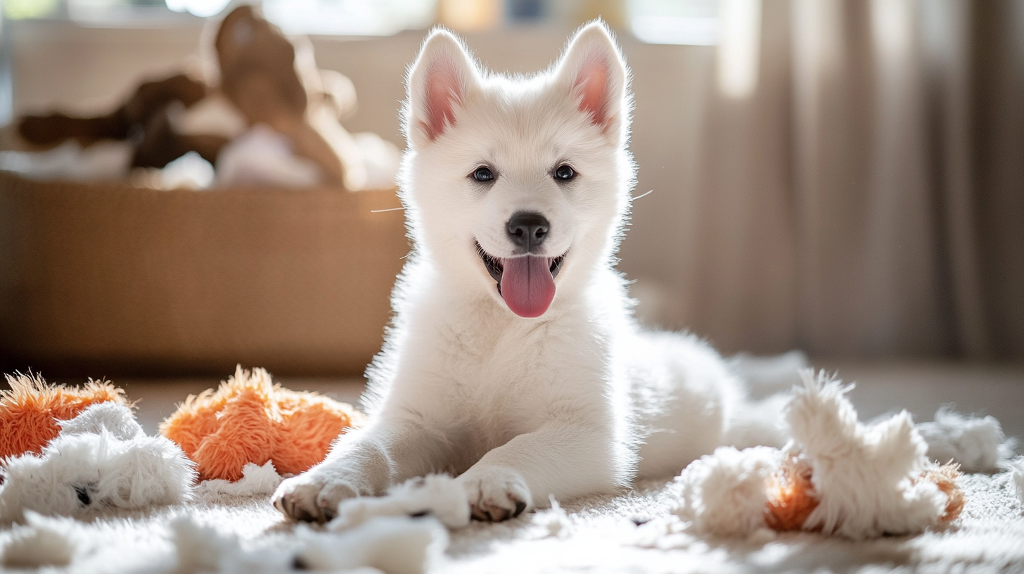 White husky pup smiling at camera near torn toys.