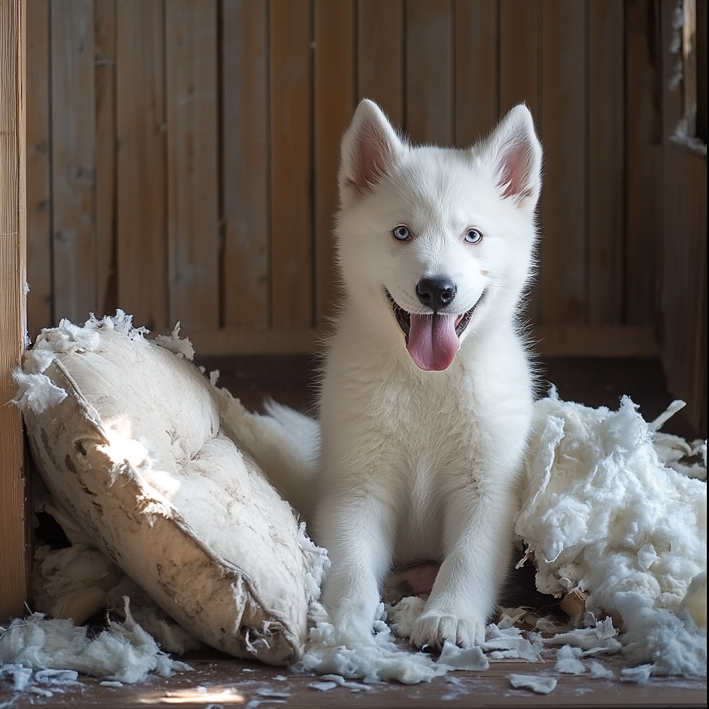 White husky puppy, tongue sticking out, smiling cutely.