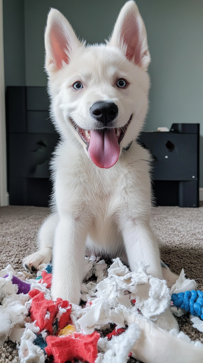 White husky puppy sitting next to torn dog toys.