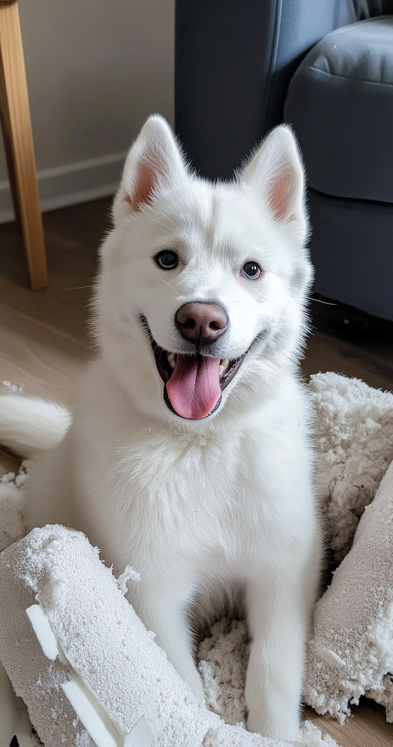 White husky puppy smiling at camera, sitting creatively.