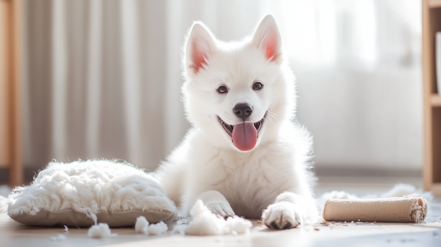 White husky puppy with tongue out, near chewed items.