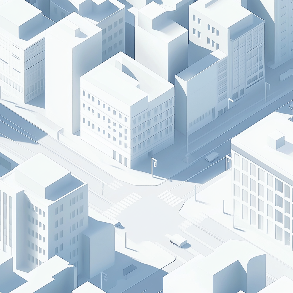 White isometric city street with cubical buildings view.