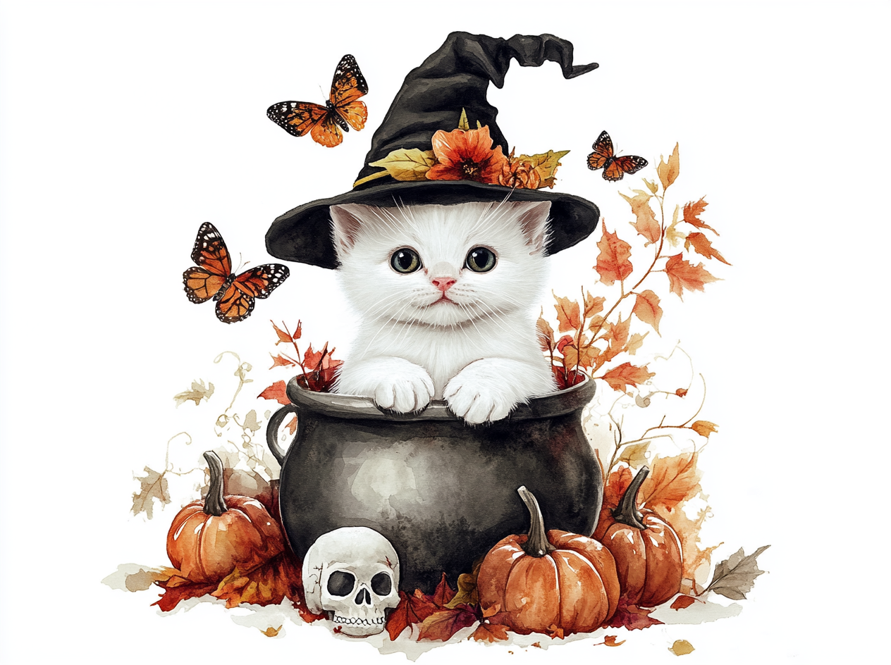 White kitten in witch hat in cauldron with Halloween clipart.