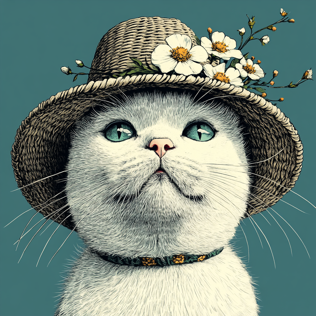 White kitten with floral hat, serenity in elegant lines.