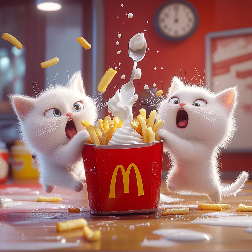 White kittens' mishap with McDonald's fries and Ice-cream