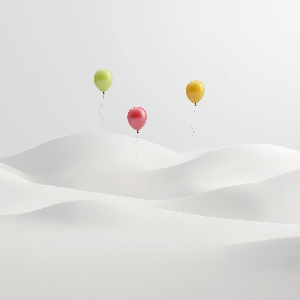 White landscape with colorful alphabet balloons, educational and inspiring.