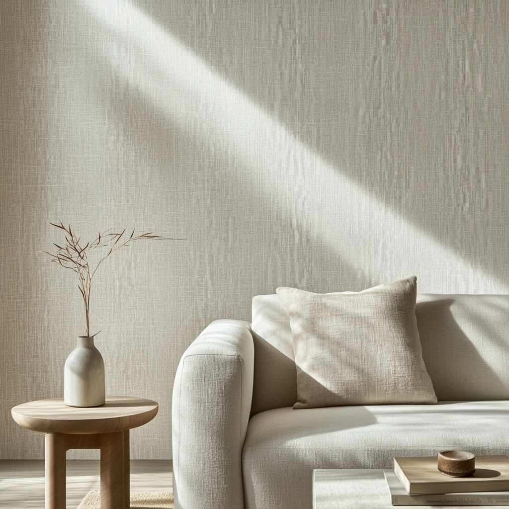 White living room wall with centered wallpaper showcase. Sofa, table with minimalistic object slightly visible.