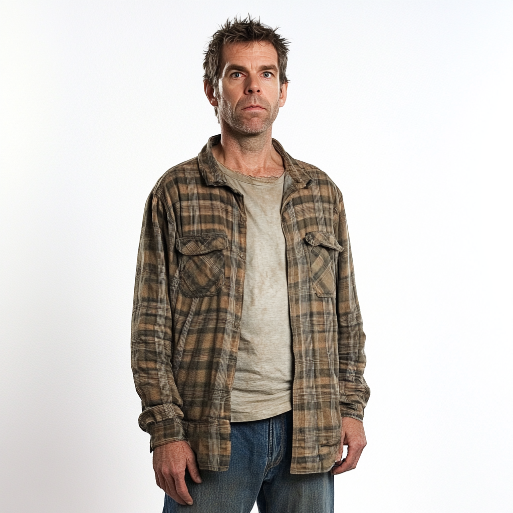 White middle-aged man in disheveled clothes looks bewildered.