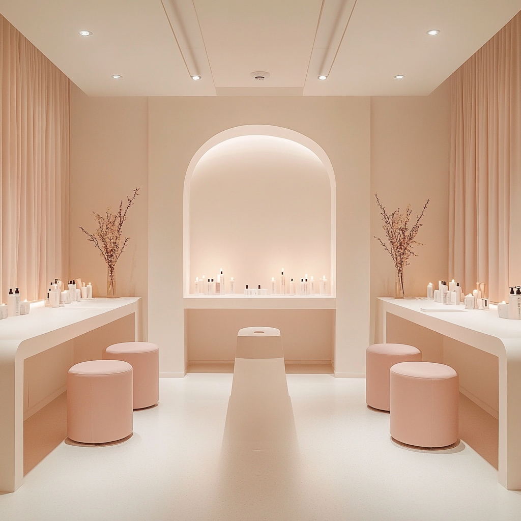 White minimalist spa room with nail vanity tables.