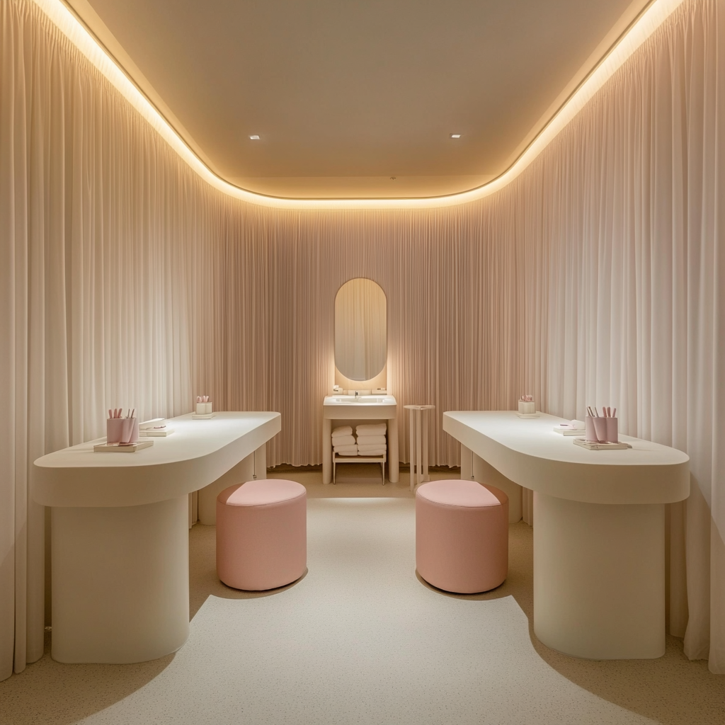 White minimalist spa room with two white nail tables.