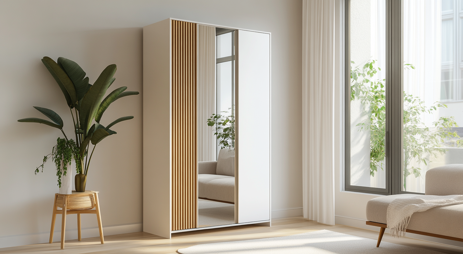 White modern wardrobe with slats, mirror, plant stand.