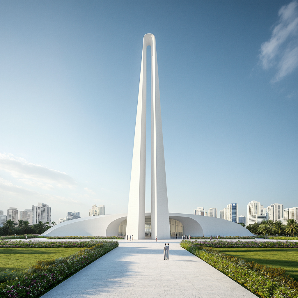 White mosque, obelisk, grassy field, people walking, blue sky.