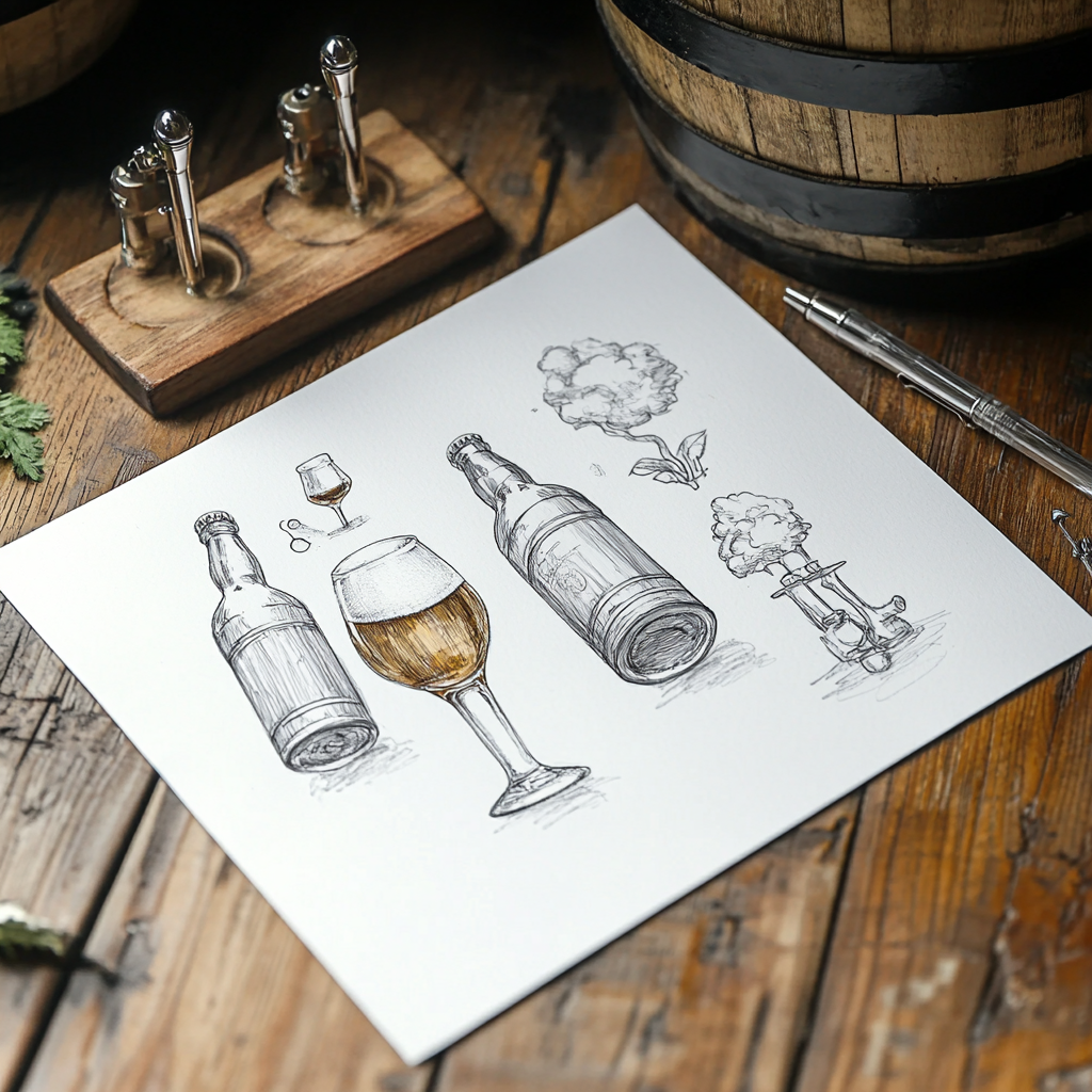 White paper with handmade drawings: guided tour, brewing, party, beer tap, beer tankers.