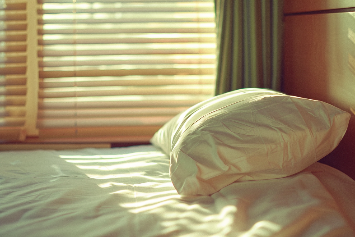 White pillow on neatly made hotel bed illuminated softly