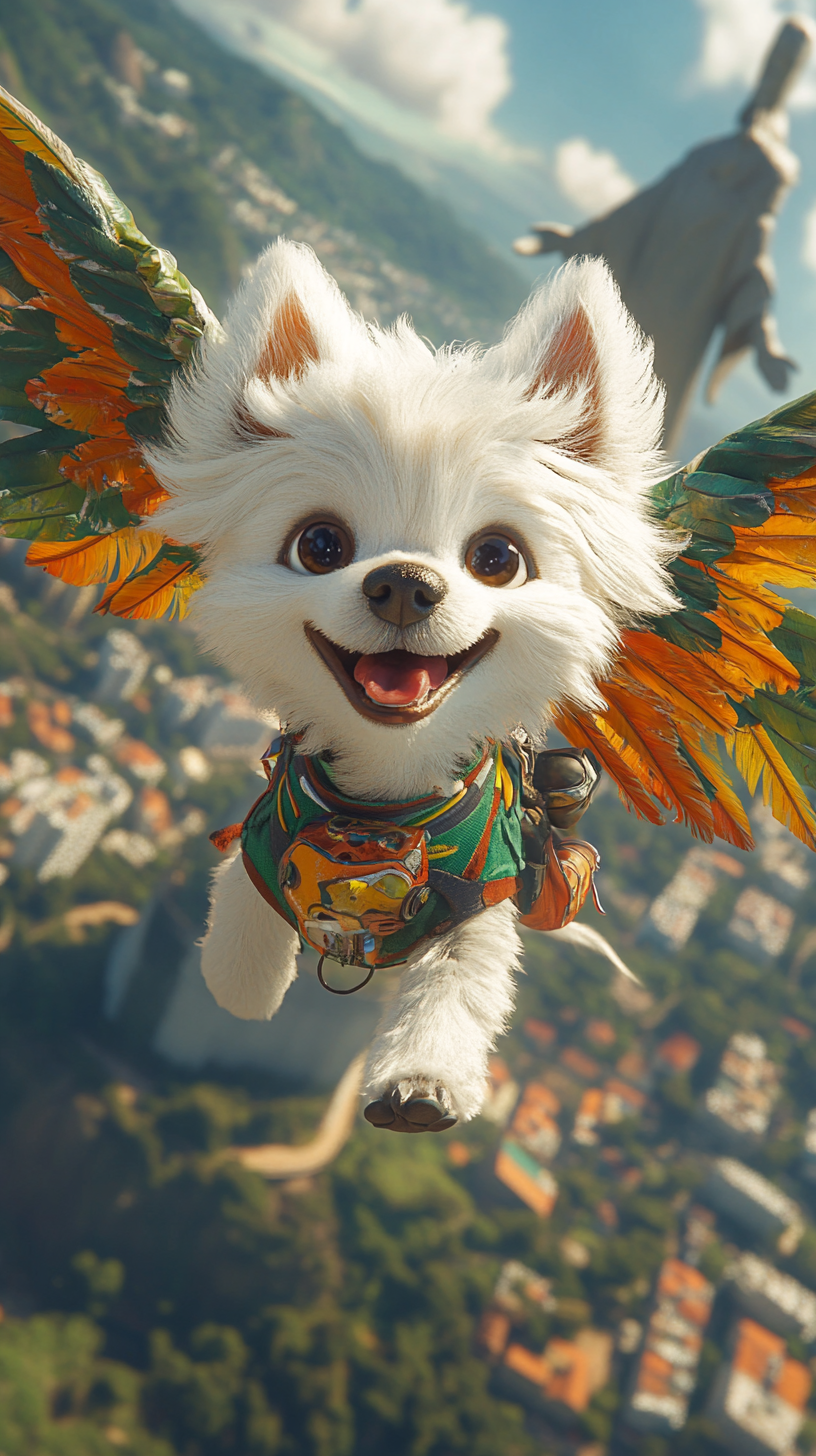 White pomeranian superhero soaring by Christ the Redeemer