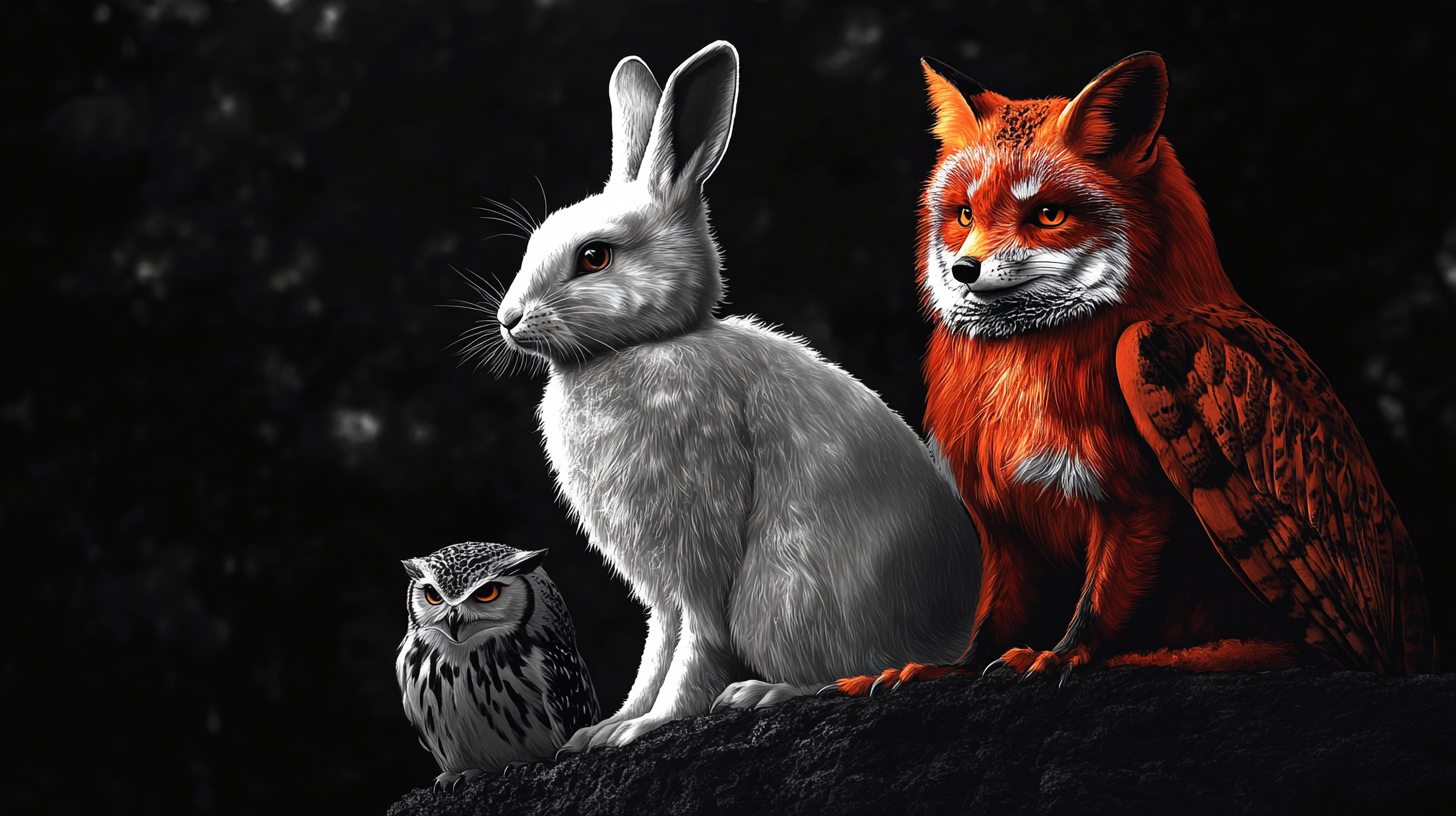 White rabbit, orange fox, and owl in black and white.