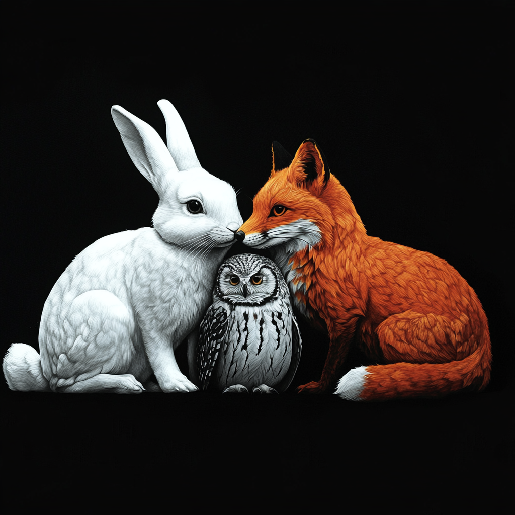 White rabbit, orange fox, owl in classic cartoon style.