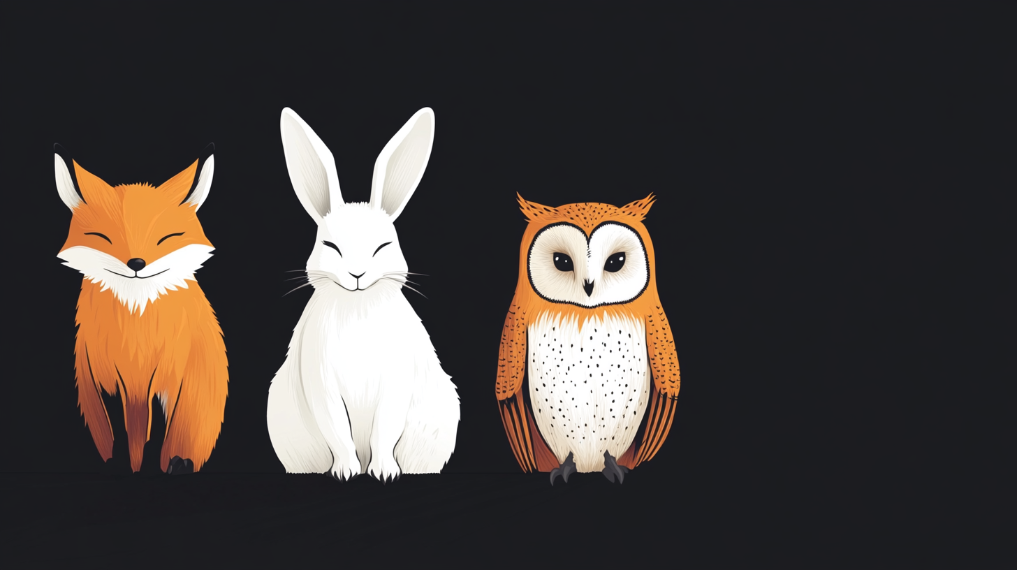 White rabbit, orange fox and owl on right side.