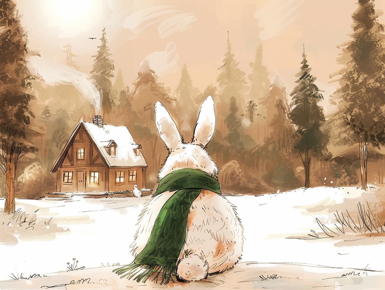 White rabbit in green scarf in forest with animals.