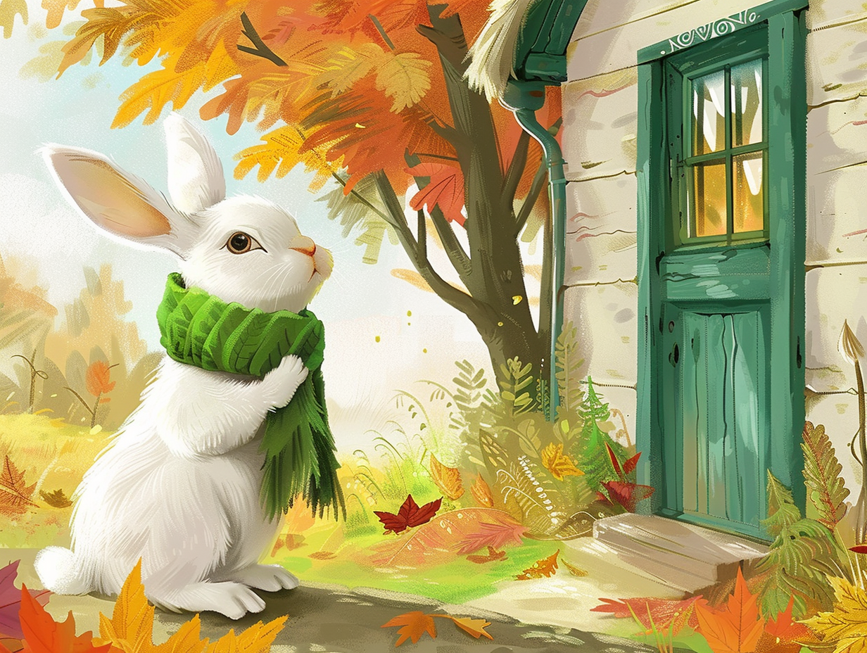 White rabbit in green scarf looking at new house.