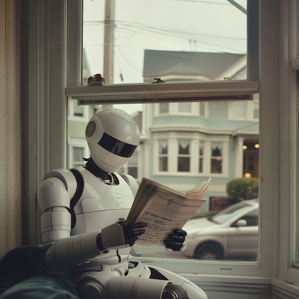 White robot reading papers in San Francisco home.