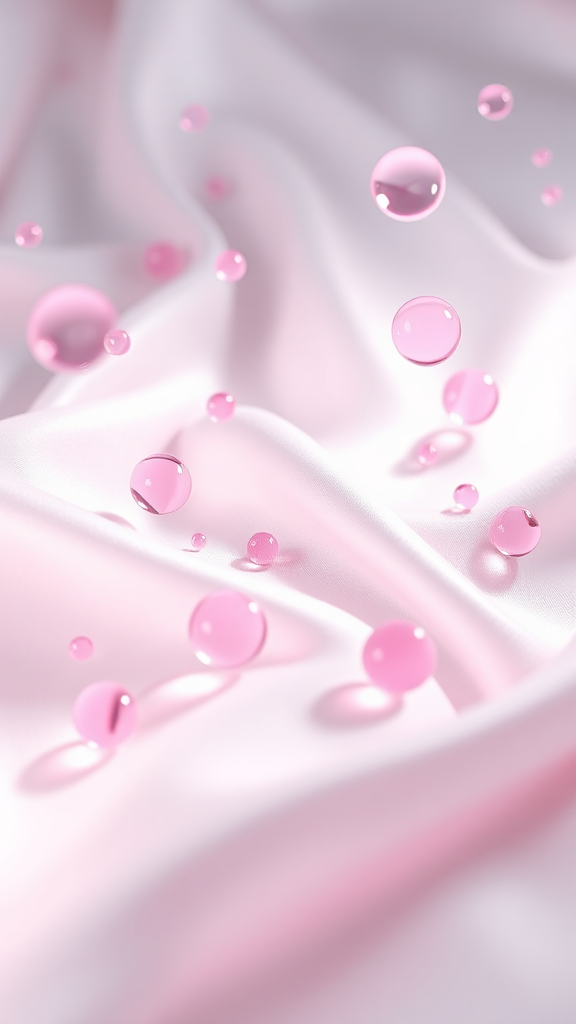 White satin background with pink floating molecules