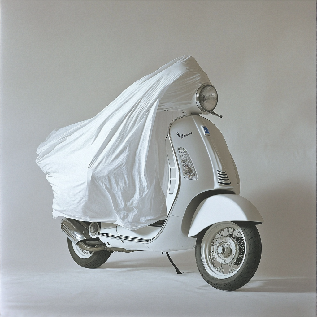 White sheet covers Vespa motorbike in windblown image